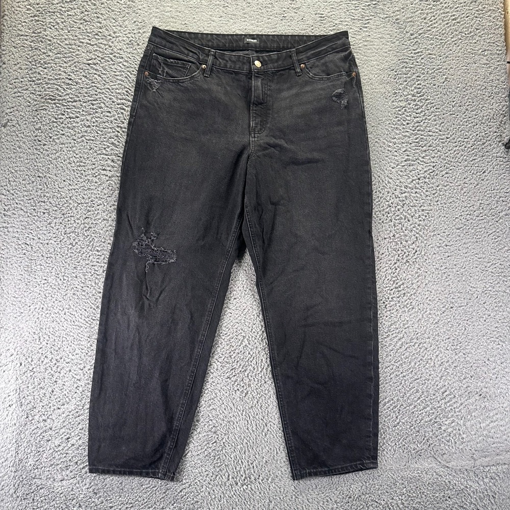 Express Jeans Women 16 Black Cotton Denim Tapered Relaxed Fit Distressed Stretch